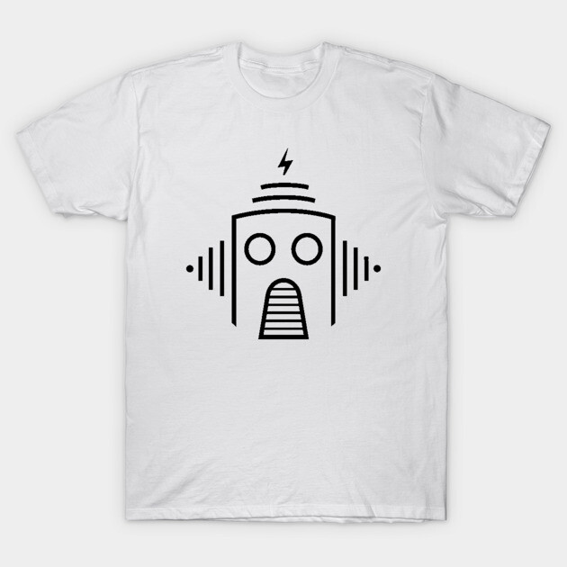 White T-shirt with black abstract robot design, casual style, made from 100% cotton, ideal for everyday wear.