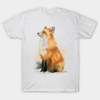 White t-shirt with watercolor fox print, casual style, 100% cotton, perfect for animal lovers and everyday wear.