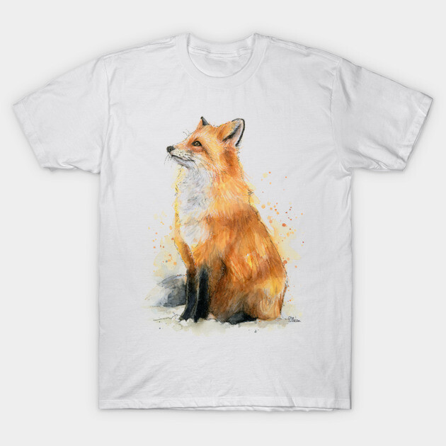 White t-shirt with watercolor fox print, casual style, 100% cotton, perfect for animal lovers and everyday wear.