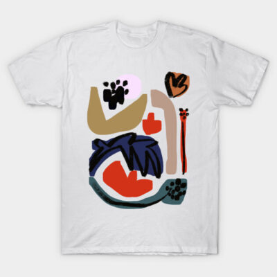 White T-shirt with abstract multicolor geometric design, featuring red, blue, and brown shapes. Cotton casual wear.