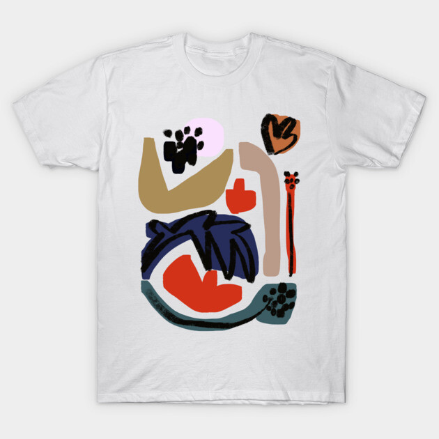 White T-shirt with abstract multicolor geometric design, featuring red, blue, and brown shapes. Cotton casual wear.