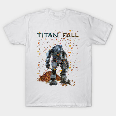 White Titan Fall graphic t-shirt featuring robot design with autumn leaves, perfect for casual wear, soft cotton material.