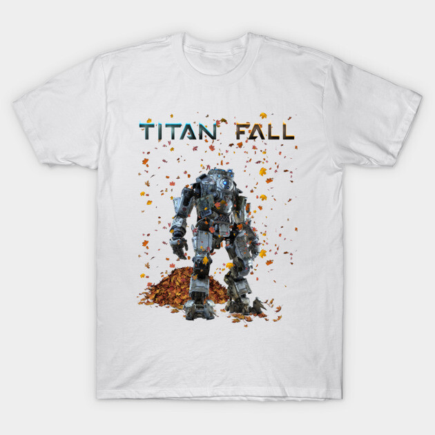 White Titan Fall graphic t-shirt featuring robot design with autumn leaves, perfect for casual wear, soft cotton material.