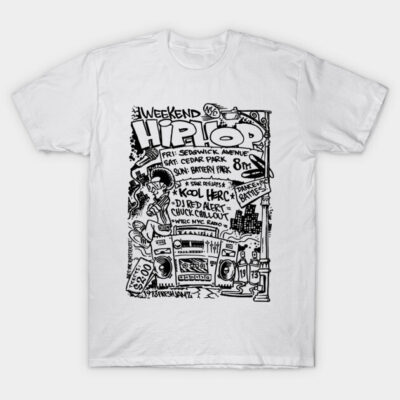 White graphic tee with black hip-hop design and text, cotton material, casual streetwear style, unisex.