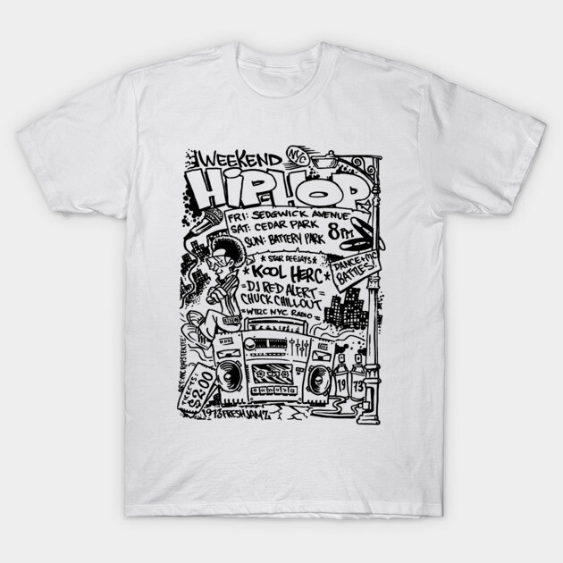 White graphic tee with black hip-hop design and text, cotton material, casual streetwear style, unisex.