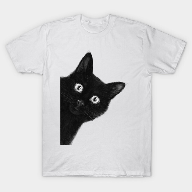 White cotton t-shirt featuring a curious black cat graphic, perfect for casual wear and animal lovers.