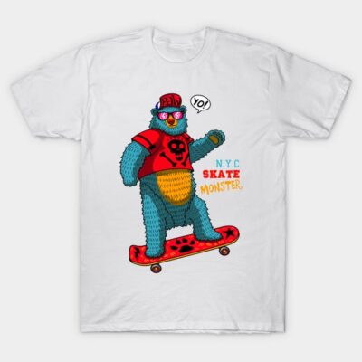 White T-shirt featuring a colorful skateboarding monster graphic, ideal for casual wear and street style enthusiasts.