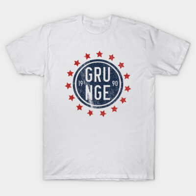 White grunge t-shirt with vintage 1990s navy logo and red star design, casual unisex cotton tee for everyday wear.