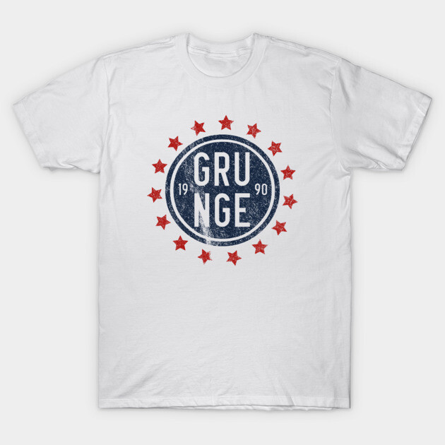 White grunge t-shirt with vintage 1990s navy logo and red star design, casual unisex cotton tee for everyday wear.