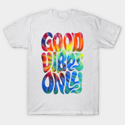 White T-shirt with colorful "Good Vibes Only" text, casual wear, unisex, comfortable cotton material, vibrant design.