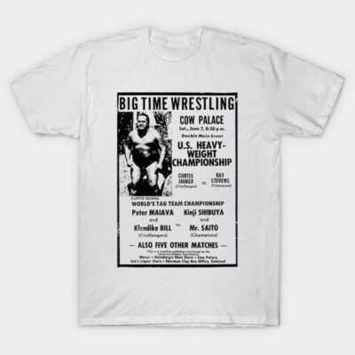 White vintage wrestling poster t-shirt featuring retro design, cotton material, casual wear. Perfect for wrestling fans.