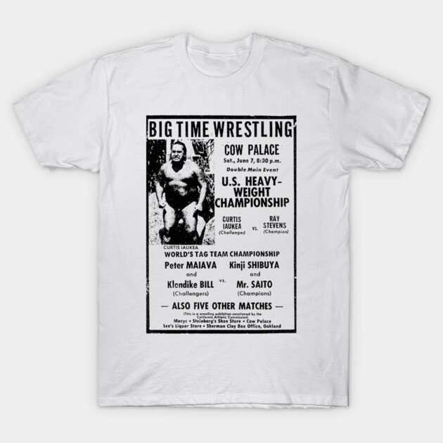 White vintage wrestling poster t-shirt featuring retro design, cotton material, casual wear. Perfect for wrestling fans.
