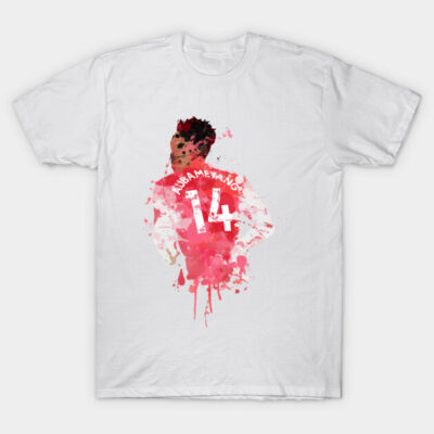 White T-shirt with red abstract graphic design, featuring the number 14. Casual wear, cotton material, unisex style.
