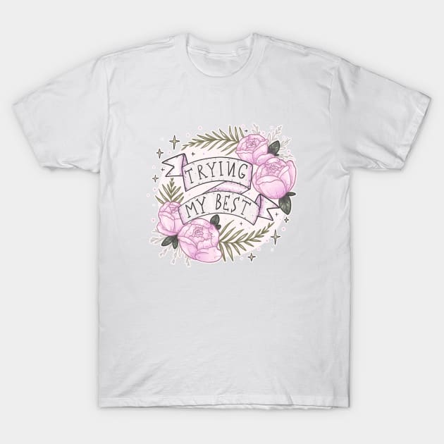 White t-shirt with floral design and "Trying My Best" text, casual wear, cotton blend, unisex style.