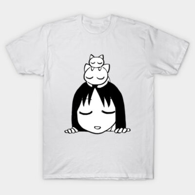 White t-shirt with minimalist black cartoon face and cat design, unisex casual wear, 100% cotton.