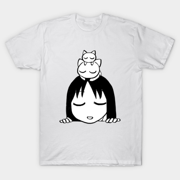 White t-shirt with minimalist black cartoon face and cat design, unisex casual wear, 100% cotton.