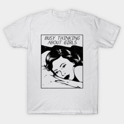 White T-shirt with retro comic print design, "Busy Thinking About Girls," casual wear, 100% cotton.
