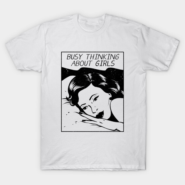 White T-shirt with retro comic print design, "Busy Thinking About Girls," casual wear, 100% cotton.