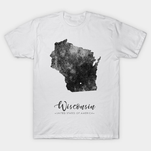 White T-shirt with black Wisconsin map design, casual style, soft cotton, ideal for everyday wear and gift.
