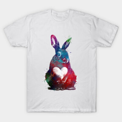 White t-shirt with colorful rabbit print holding heart, casual style, soft cotton fabric, perfect for everyday wear.