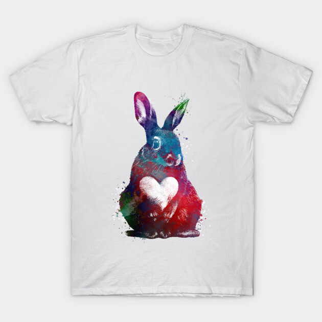White t-shirt with colorful rabbit print holding heart, casual style, soft cotton fabric, perfect for everyday wear.