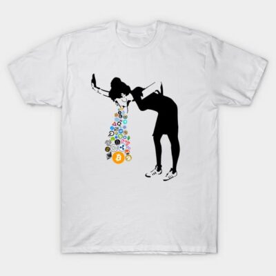 White cotton t-shirt with colorful cryptocurrency logos and artistic design, casual unisex style.