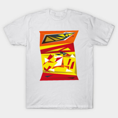 White t-shirt featuring a colorful geometric abstract design in red, yellow, and orange, ideal for casual wear.