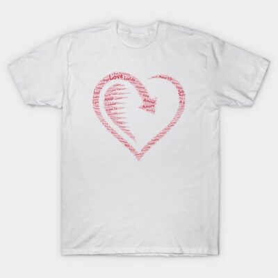 White t-shirt with red heart-shaped word cloud design, casual style, perfect for everyday wear, made of soft cotton.