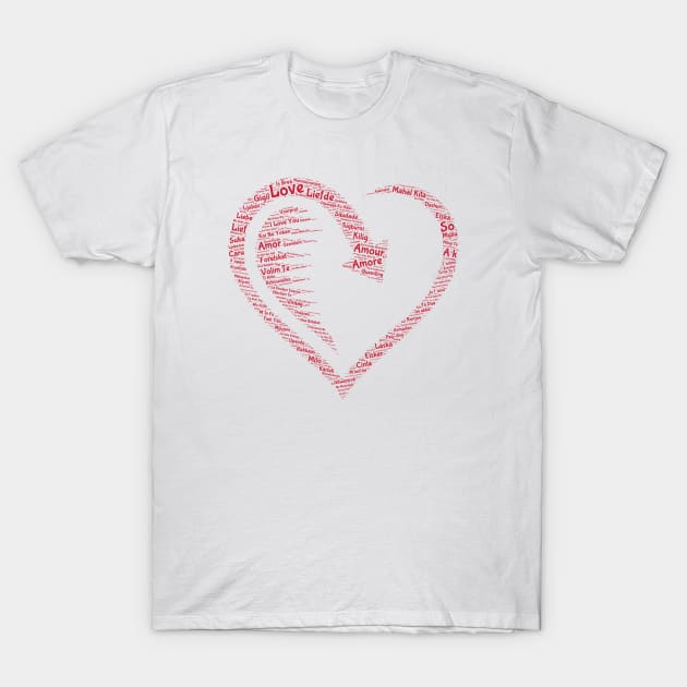 White t-shirt with red heart-shaped word cloud design, casual style, perfect for everyday wear, made of soft cotton.