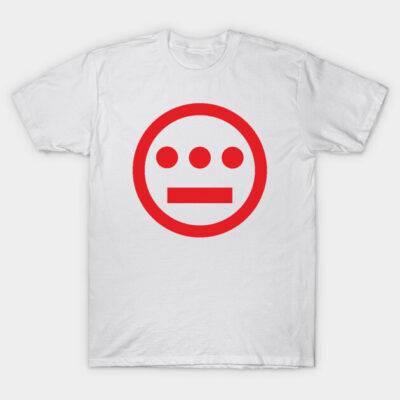 White T-shirt with red geometric face design, casual style, made of cotton, perfect for everyday wear.