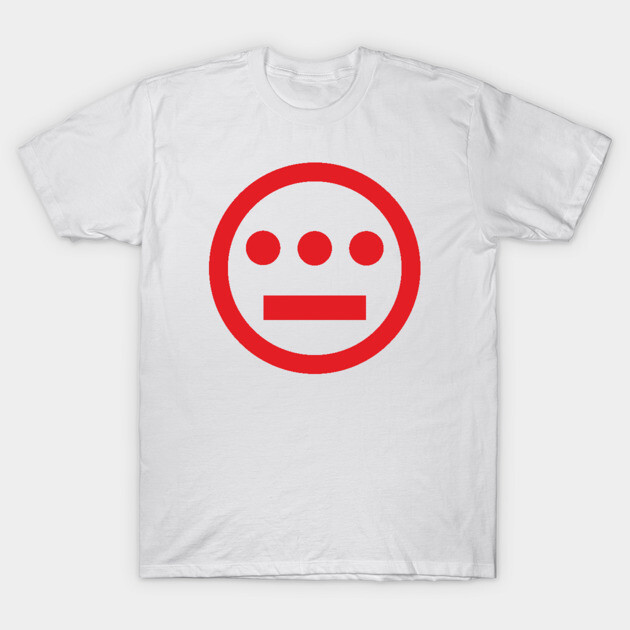 White T-shirt with red geometric face design, casual style, made of cotton, perfect for everyday wear.