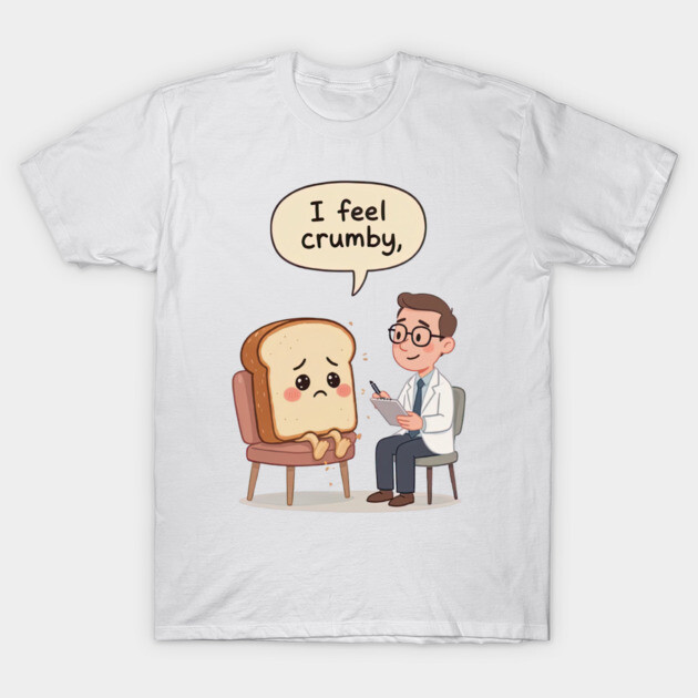 White t-shirt with cartoon bread therapy session print, humorous graphic design, casual wear.