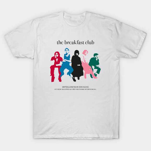 White T-shirt featuring colorful retro-inspired "The Breakfast Club" graphic design, casual unisex style.