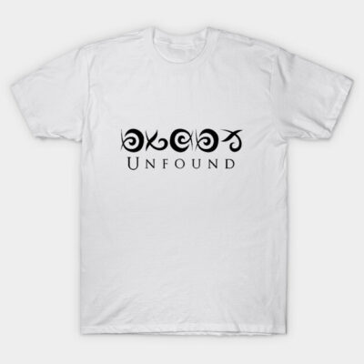White cotton t-shirt with black abstract design and "Unfound" text, casual style, perfect for everyday wear.
