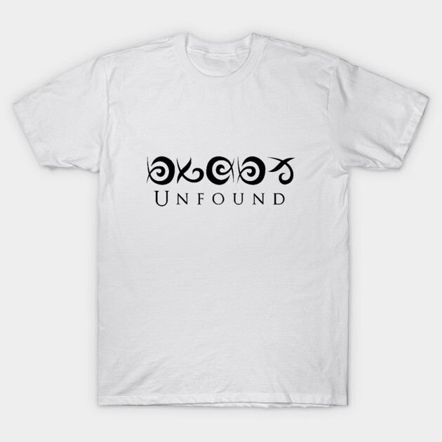 White cotton t-shirt with black abstract design and "Unfound" text, casual style, perfect for everyday wear.