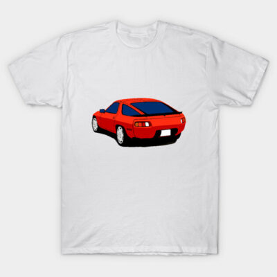 White t-shirt with red sports car graphic, casual style, 100% cotton, perfect for car enthusiasts.