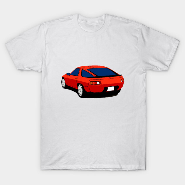 White t-shirt with red sports car graphic, casual style, 100% cotton, perfect for car enthusiasts.