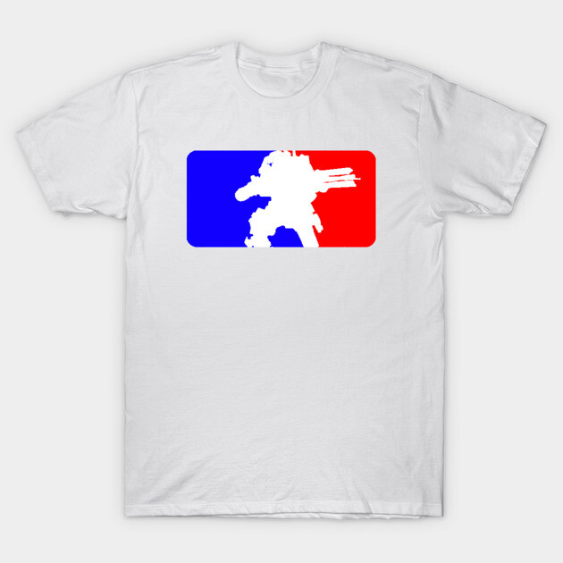White t-shirt with red and blue robot silhouette design, casual style, comfortable cotton material. Perfect for everyday wear.