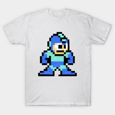 White t-shirt featuring a retro blue pixelated character design, casual wear, cotton material. Ideal for gaming fans.