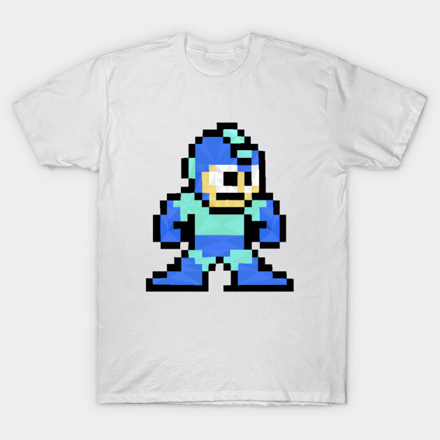 White t-shirt featuring a retro blue pixelated character design, casual wear, cotton material. Ideal for gaming fans.