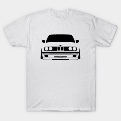 White t-shirt with black car graphic, cotton material, casual wear, automotive-themed design.
