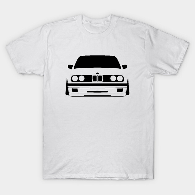 White t-shirt with black car graphic, cotton material, casual wear, automotive-themed design.