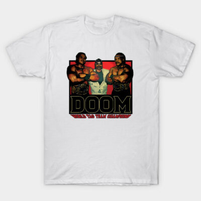 White "Doom World Tag Team Champions" graphic t-shirt, featuring bold retro style design, perfect for casual wear.