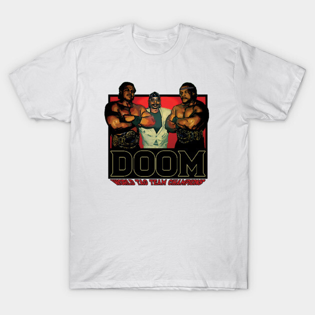 White "Doom World Tag Team Champions" graphic t-shirt, featuring bold retro style design, perfect for casual wear.