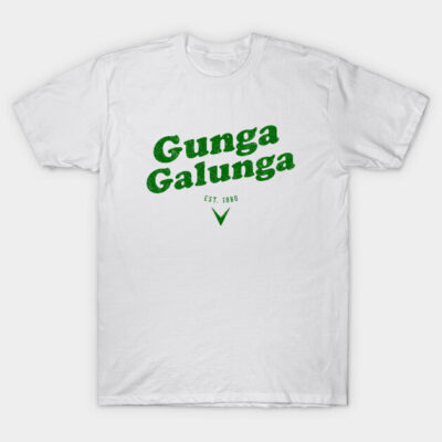 White T-shirt with green "Gunga Galunga" text, casual cotton style, ideal for everyday wear and gift purposes.
