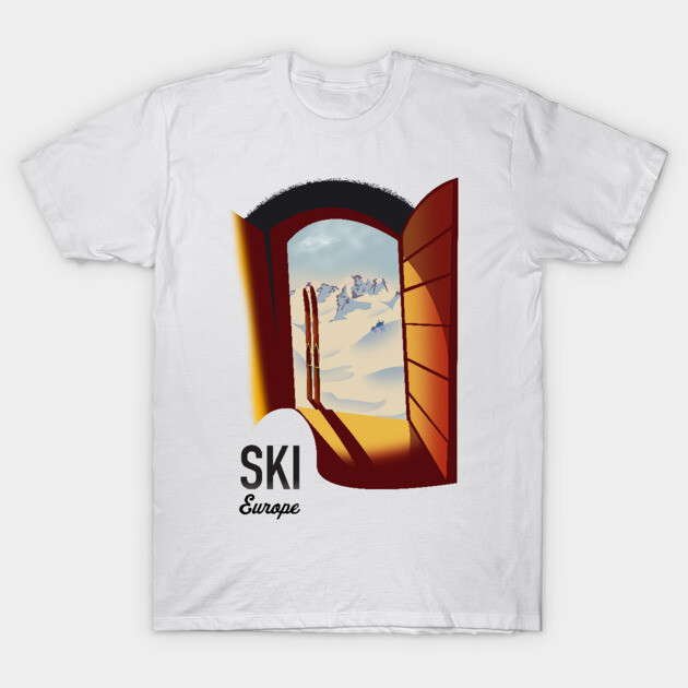 White T-shirt with "Ski Europe" design, featuring a scenic mountain view through an open window, perfect for winter sports.