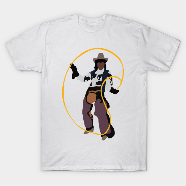 White cowboy graphic t-shirt with lasso design, casual style, unisex cotton material, perfect for everyday wear.
