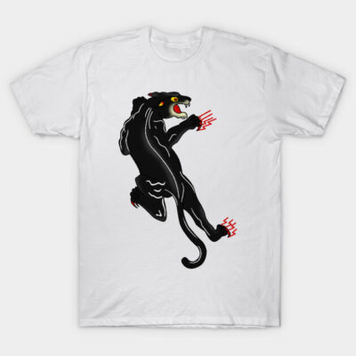 White t-shirt with black panther graphic design, vibrant colors, casual style, 100% cotton, unisex fit.