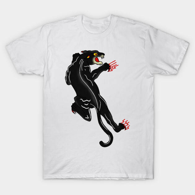 White t-shirt with black panther graphic design, vibrant colors, casual style, 100% cotton, unisex fit.