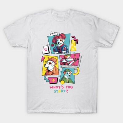 White unisex t-shirt with colorful cartoon dog portraits and text "What's the Story?" Perfect for casual wear.